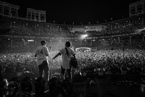 After the storm: the late Chicago Cubs legend Ernie Banks and Eddie Vedder, Wrigley Field, July 19, 2013.